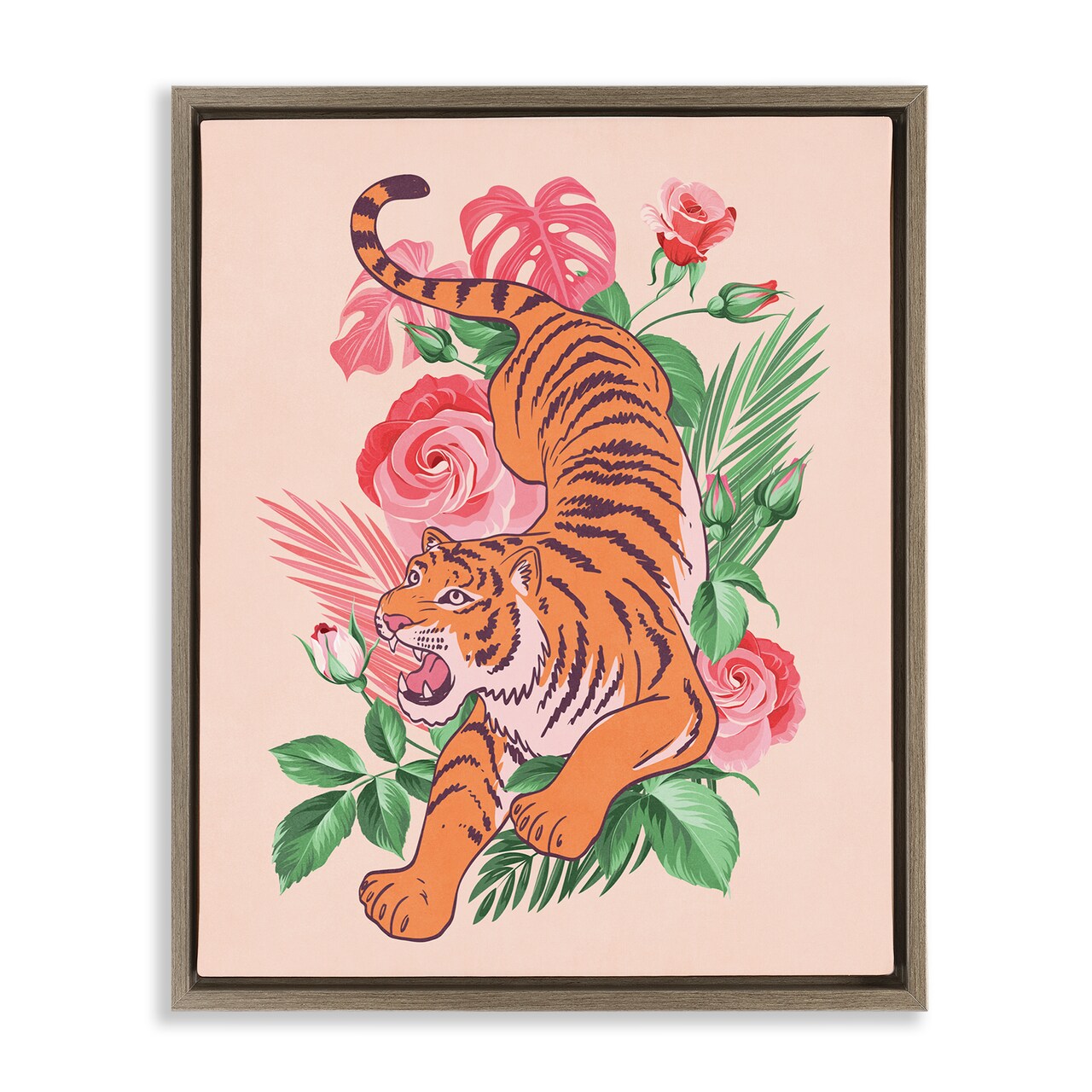 Stupell Industries Tiger & Tropical Roses Framed Floater Canvas Wall Art Design by Nataly White
